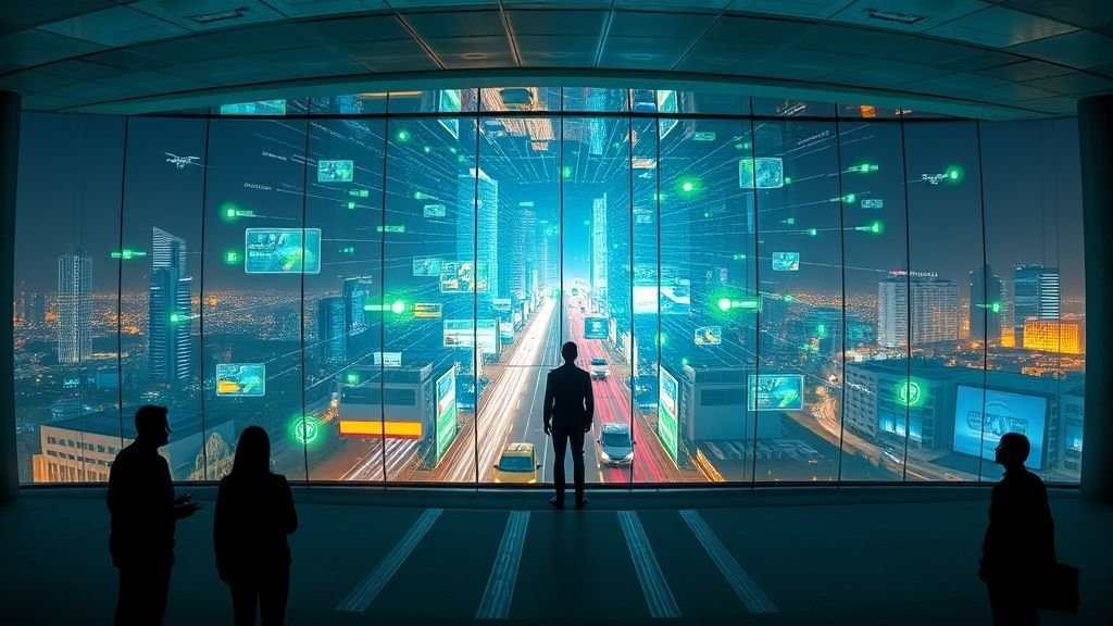 Futuristic cityscape with digital overlay